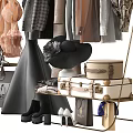 Trendy Women's Dresses Coats Shirts Hanging on Racks with Accessories Bags Hats Shoes