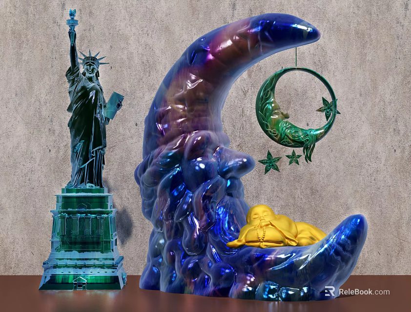 Decorative Ornament Set With Statue of Liberty Moon Green Ring Stars Yellow Baby Figure 3d model 