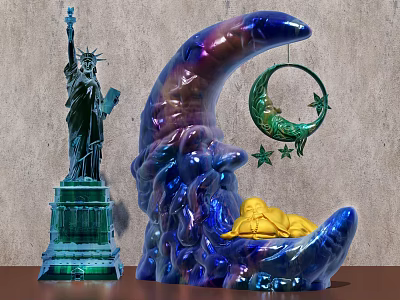 Decorative Ornament Set With Statue of Liberty Moon Green Ring Stars Yellow Baby Figure 3d model