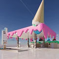 Colorful Ice Cream Themed Service Station With Pink Dripping Canopy And Cone Decorations