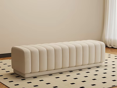 Beige Upholstered Bench with Vertical Tufted Design on Black Square Patterned Rug in Neutral Room 3d model