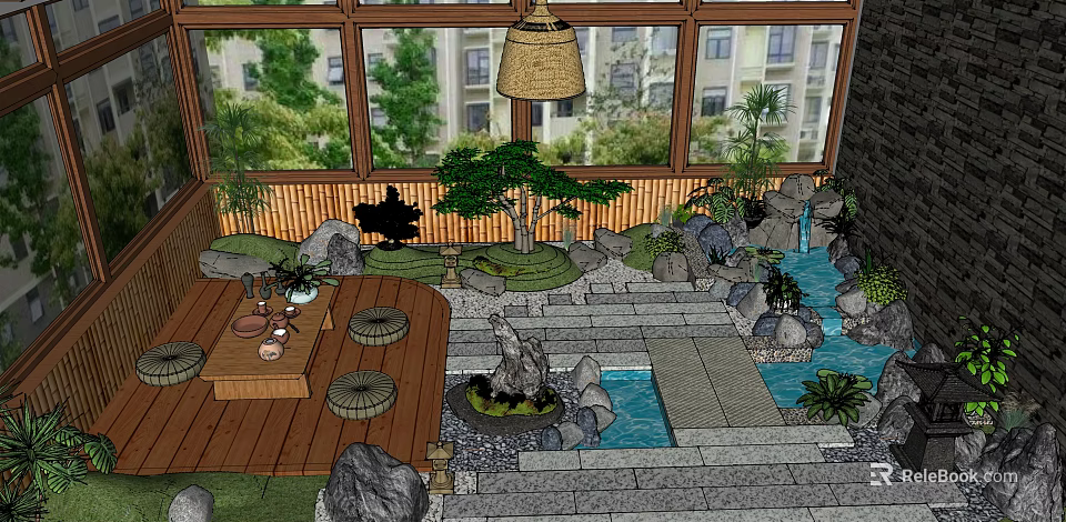 Traditional Courtyard Garden Design with Rock Formations Flowing Water Pine Tree and Wooden Deck 3d model 
