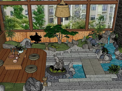 Traditional Courtyard Garden Design with Rock Formations Flowing Water Pine Tree and Wooden Deck 3d model