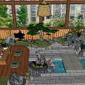 Traditional Courtyard Garden Design with Rock Formations Flowing Water Pine Tree and Wooden Deck