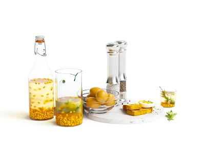 Fresh Lemon Fruits With Glass Bottles Mortar Sliced Bread Refreshing Drink And Fresh Herbs 3d model