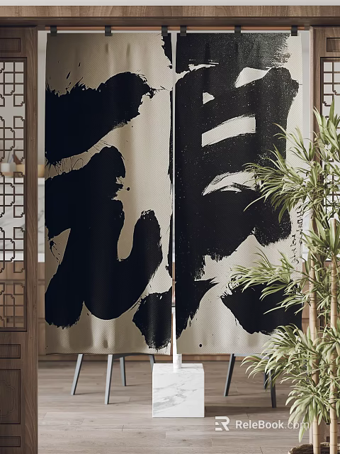 Chinese Style Curtains With Black Ink Brushstroke Calligraphy And Bamboo Plant 3d model 