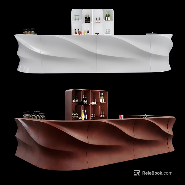 Modern Commercial Bar Counter Equipment With Curved Design Wine Bottles And Glassware 3d model 
