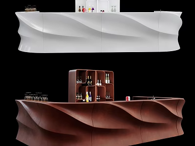 Modern Commercial Bar Counter Equipment With Curved Design Wine Bottles And Glassware 3d model