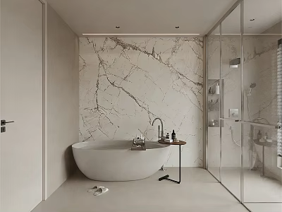 Modern Minimalist Bathroom Interior With White Bathtub Marble Wall And Glass Shower 3d model