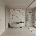 Modern Minimalist Bathroom Interior With White Bathtub Marble Wall And Glass Shower