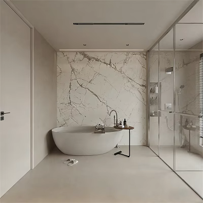 Modern Minimalist Bathroom Interior With White Bathtub Marble Wall And Glass Shower 3d model
