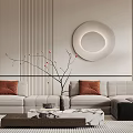Modern Living Room Interior With White Wooden Walls Circular Decor Beige Sofa And Floor Lamp