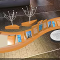 Modern Exhibition Display Setup With Orange Stand White Models And Information Panels 3d model