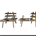 Art Supplies Workspace With Wooden Tables Shelves Paints And Brushes