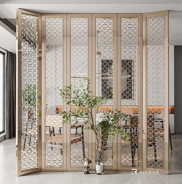 Modern Gold Metal Room Divider With Hollowed Patterns And Indoor Green Plants 3d model 