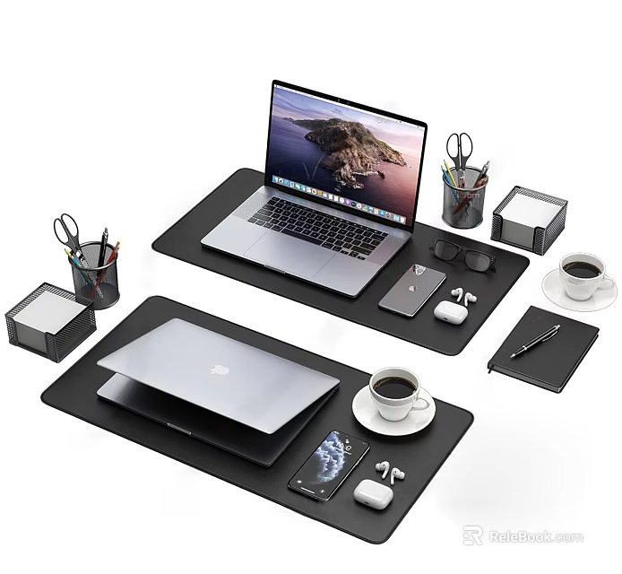 Organized Office Desk Setup With Black Desk Pads Laptops Phones Coffee Cups And Stationery 3d model 