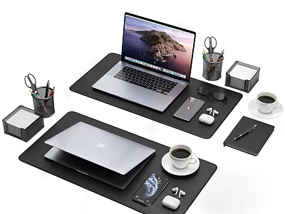 Organized Office Desk Setup With Black Desk Pads Laptops Phones Coffee Cups And Stationery 3d model