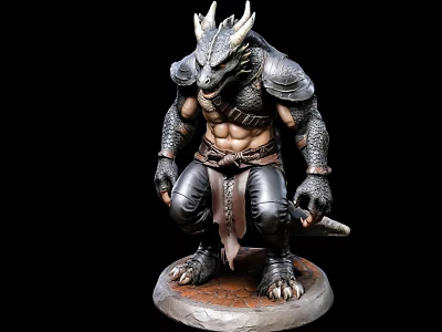 Horned Dragon Warrior Doll with Muscular Armor and Weapon in Squatting Pose on Textured Base 3d model