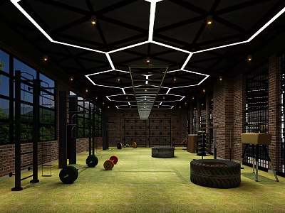 Sports Fitness Gym With Brick Walls Large Windows Green Turf And Training Equipment 3d model