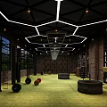 Sports Fitness Gym With Brick Walls Large Windows Green Turf And Training Equipment
