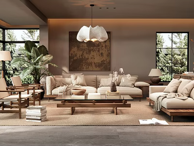 Cozy Modern Living Room Interior With Beige Sofa Wooden Coffee Table And Large Green Plant 3d model
