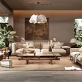 Cozy Modern Living Room Interior With Beige Sofa Wooden Coffee Table And Large Green Plant