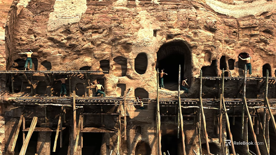 Majestic Ancient Rock Grotto Scenery With Natural Cave Openings And Wooden Scaffolding 3d model 
