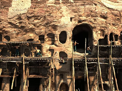 Majestic Ancient Rock Grotto Scenery With Natural Cave Openings And Wooden Scaffolding 3d model