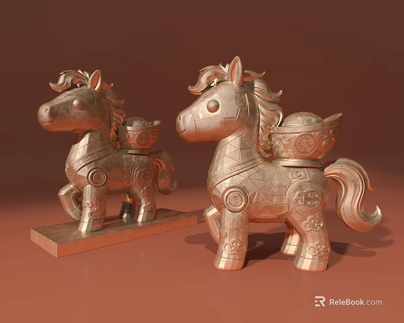 Brass Colored Pony Shaped Ornament Decor Set With Containers On Back And Base Stand 3d model 