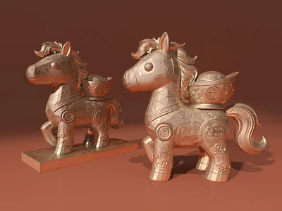 Brass Colored Pony Shaped Ornament Decor Set With Containers On Back And Base Stand 3d model