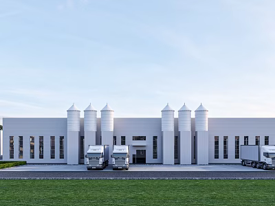 Industrial Factory Building With White Exterior Spire Topped Towers Trucks And Green Lawn 3d model