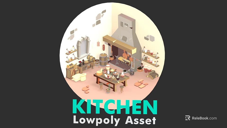 Stylish Lowpoly Kitchen With Cooking Tools Appliances Cabinets And Counter Assets 3d model 