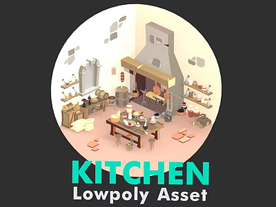 Stylish Lowpoly Kitchen With Cooking Tools Appliances Cabinets And Counter Assets 3d model