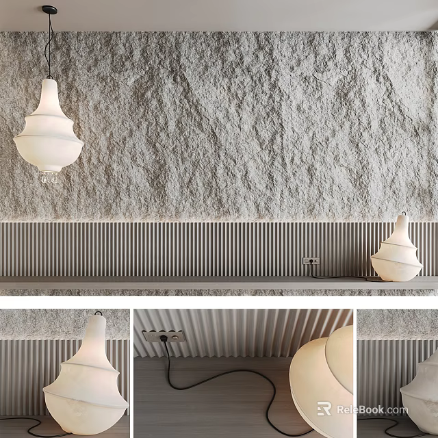 Textured Background Wall With Vertical Stripe Decoration And White Pendant Light Fixture 3d model 