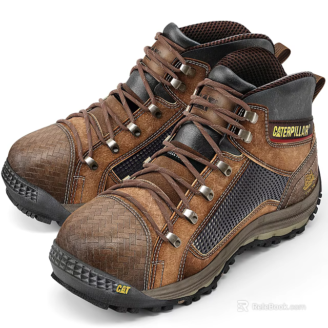Caterpillar Work Boots With Leather Upper Mesh Panels Brown Laces And Non Slip Sole 3d model 