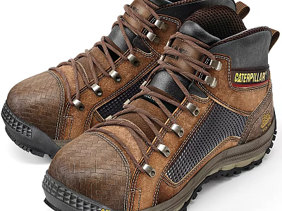 Caterpillar Work Boots With Leather Upper Mesh Panels Brown Laces And Non Slip Sole 3d model