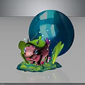 Adorable Pink Creature Wearing Green Leaf Hat With Surrounding Green Foliage And Large Blue Sphere