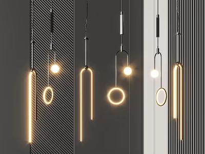 Modern Minimalist Pendant Lights With Geometric Shapes Warm Yellow Light And Gray Wall Vertical Stripes 3d model