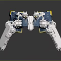 Blue And White Mechanical Robot Character With Multiple Arms And Yellow Feet
