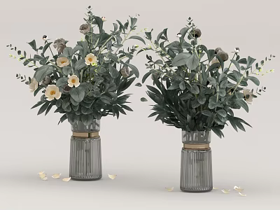 Potted Plants in Transparent Glass Vases With Green Leaves White Brown Blooms and Scattered Petals 3d model