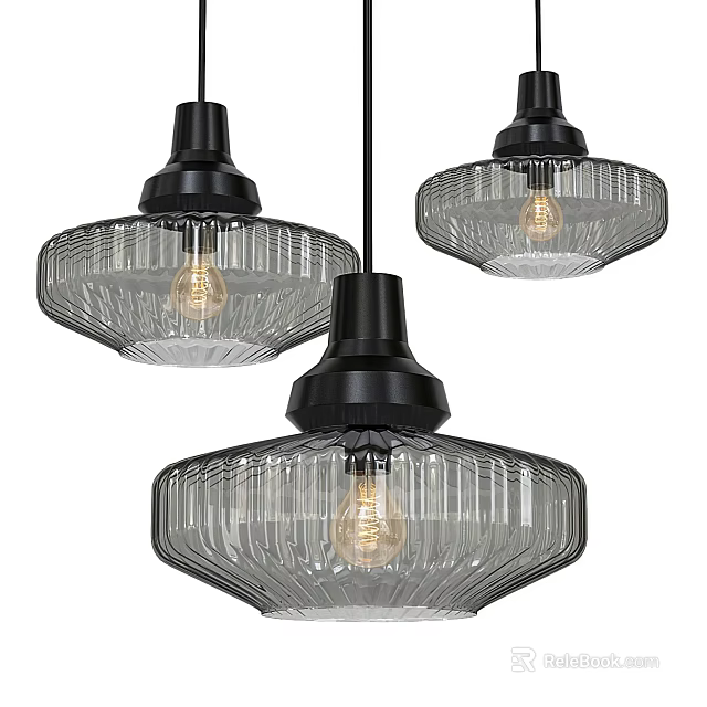 Modern Clear Glass Pendant Lights With Ribbed Design And Black Base For Interior Decor 3d model 