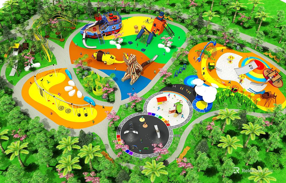 Colorful Outdoor Children's Playground With Various Play Structures And Green Plants 3d model 