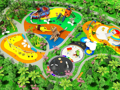 Colorful Outdoor Children's Playground With Various Play Structures And Green Plants 3d model