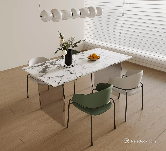 Modern Dining Table With Marble Top Green White Chairs Flower Vase And Fruits 3d model 