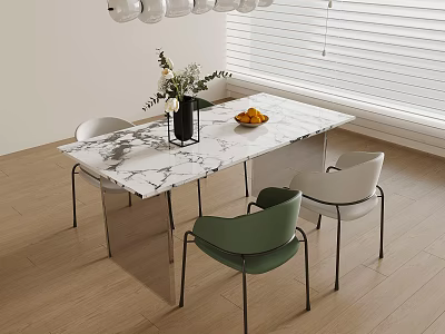 Modern Dining Table With Marble Top Green White Chairs Flower Vase And Fruits 3d model