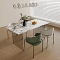 Modern Dining Table With Marble Top Green White Chairs Flower Vase And Fruits