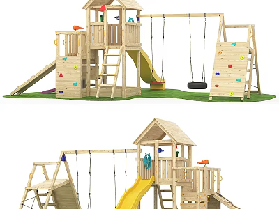 Wooden Playground Set With Swing Slide Climbing Wall And Playhouse Structure 3d model