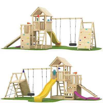 Wooden Playground Set With Swing Slide Climbing Wall And Playhouse Structure 3d model