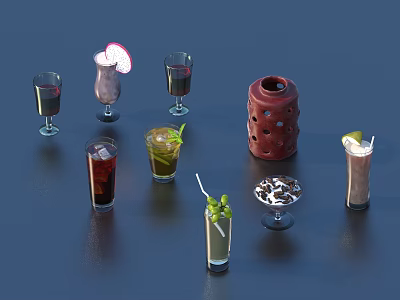 Assorted Colorful Beverages in Glasses with Ice Straws and Fresh Fruit Garnishes 3d model