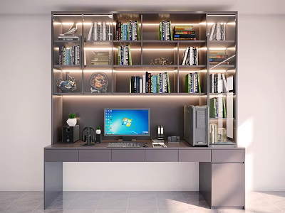 Modern Home Office Bookshelf With Multiple Shelves Books Decorative Items And Computer Desk 3d model